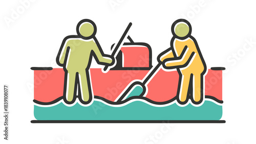 People cleaning a river from a boat