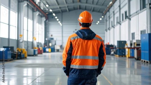 Industrial Worker in Orange Safety Gear Surveys Large Factory Floor.