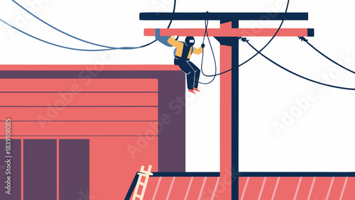 Electrician Working on Power Lines at Height