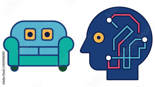 Robot Head with AI Brain Next to Couch