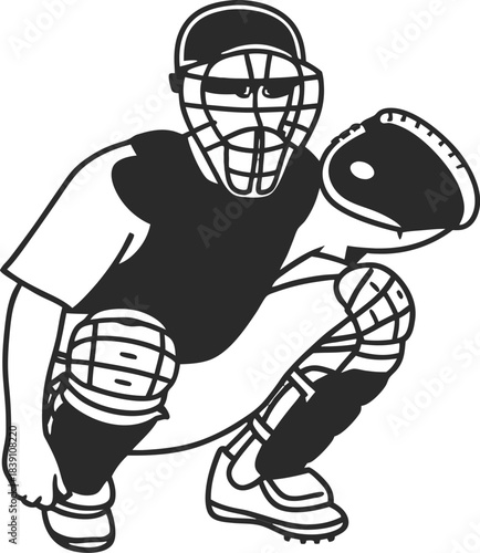 Baseball Catcher Crouching Stance Silhouette Vector