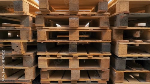Stack of wooden shipping pallets in storage, industrial warehouse footage