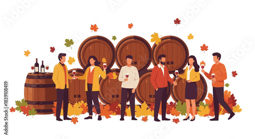Group of people enjoying wine tasting event near wooden barrels and autumn leaves.