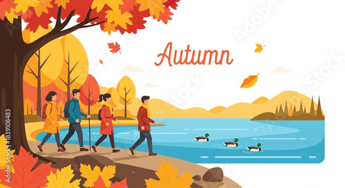 Group of people walking in autumn near a lake with ducks and colorful trees.