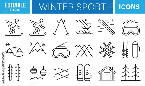 Winter Recreation Line Art Icons Including Slopes, Gear, Cabins, Gondolas, Snowflakes, and Alpine Outdoors