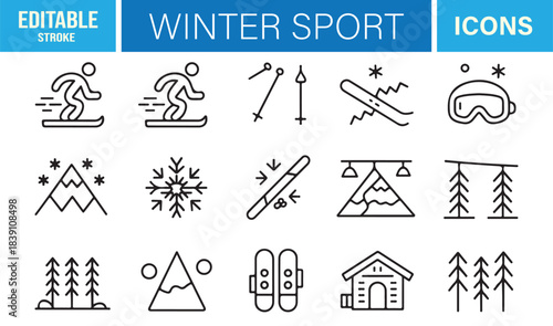 Outline Winter Sports Symbol Pack Featuring Skiers, Snowboarders, Mountain Scenery, and Seasonal Equipment