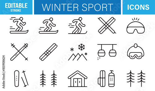Set of Clean Vector Line Icons Representing Winter Sports, Ski Resorts, Snow Gear, and Alpine Adventure Concepts