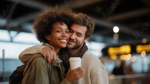 At a bustling airport, a partner stands by the arrival gate holding a coffee cup, glancing at the clock with restrained anticipation. Instead of dramatic banners or balloons, there’s quiet,