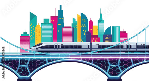 Highspeed train travels across a bridge in a vibrant cityscape illustration.
