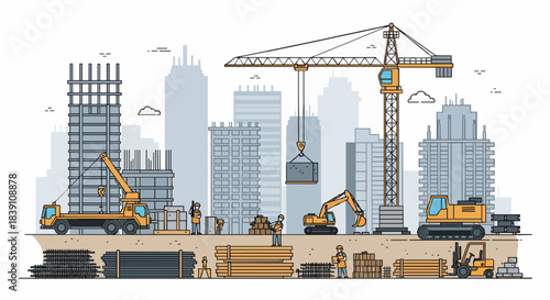 Building process on city construction site with materials and equipment, cranes.