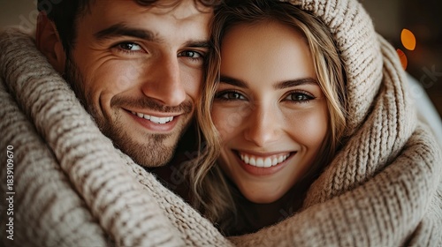 happy young beautiful couple hugging under the blanket