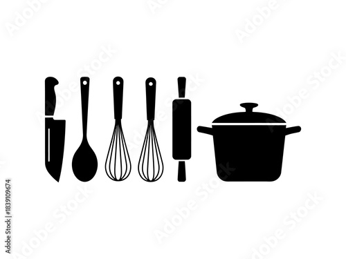 Collection of black and white kitchen utensil icons featuring clean minimalist silhouettes, perfect for cooking apps, recipe designs, restaurant branding, menu graphics, food packaging, and modern cul