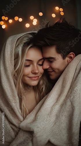 happy young beautiful couple hugging under the blanket