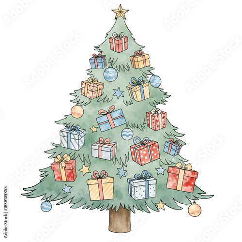 Hand-Drawn Festive Christmas Tree with Stacked Presents Illustration