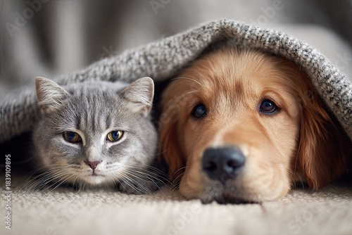 Puppy and kitten at home under the blanket.