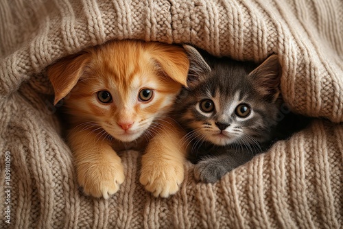 Puppy and kitten at home under the blanket.