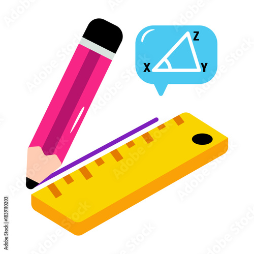 Pencil with scale, icon of stationery 