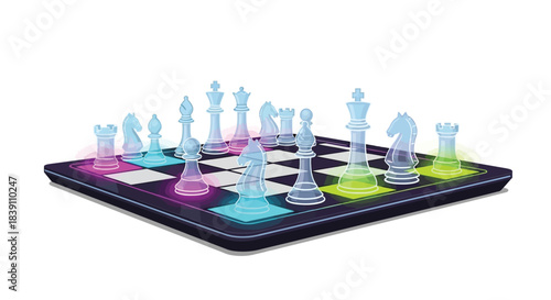 Illuminated chess set on a digital board showcasing strategy and competition.