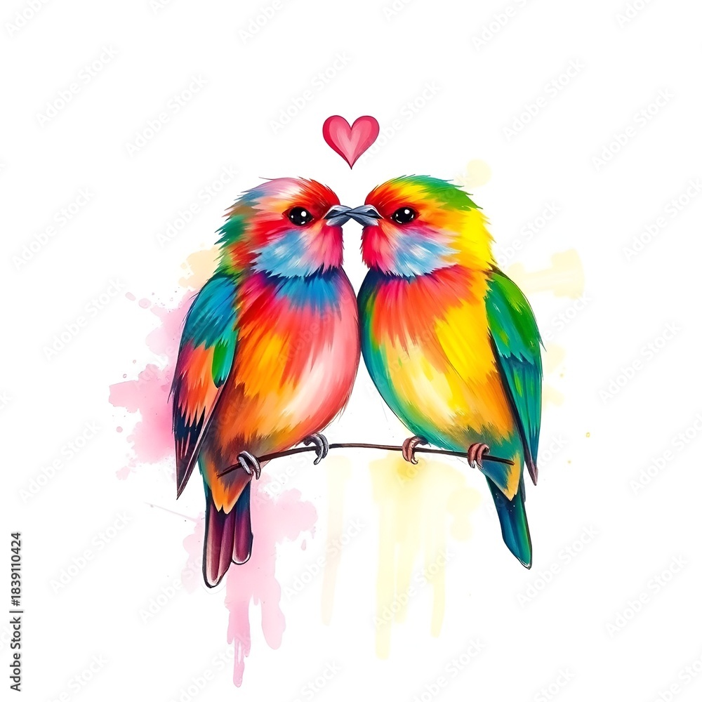 Fototapeta premium Colorful lovebirds kissing with heart above on white background