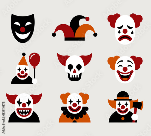 Scary clown vector icon set in simple flat style featuring horror circus masks and killer characters with axe for halloween UI symbol or minimalist design.