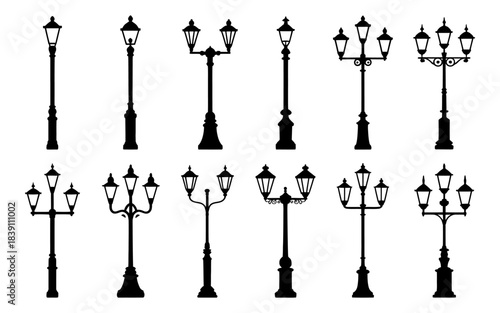 Collection of diverse vintage and modern street lamp silhouettes showcasing various outdoor lighting designs and styles, perfect for architectural illustrations, urban planning visuals, exterior desig