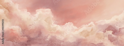 Soft watercolor cloudscape in light pink and peach, fluffy shapes, warm romantic mood, very smooth pigment transitions