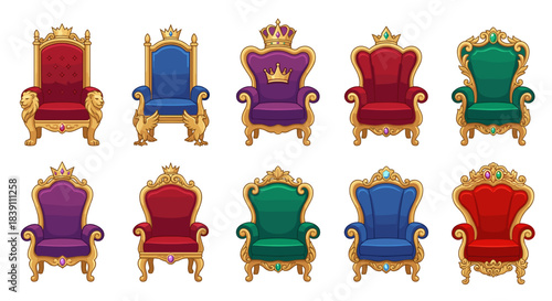 Luxury Royal Throne Vector Set. Golden King and Queen Chair Collection with Red, Blue, Purple and Green Velvet Seat for Fairy Tale, Medieval and Monarchy Design.