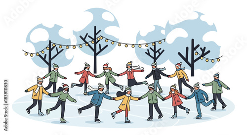 Joyful group of people dancing and celebrating winter festivities together.