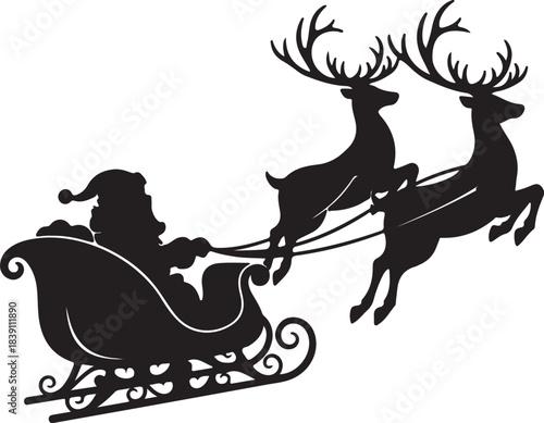 Santa claus in sleigh pulled by reindeer silhouette isolated on white background