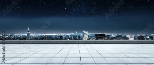 Night City Skyline View from Rooftop Terrace Starry Night Urban Panoramic