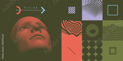 A human head formed from dots. Discovery, studying and learning concept. Time to think. Art composition. Tunnel. Mountain. Vector for brochure, poster, cover, card, presentation, flyer or banner.