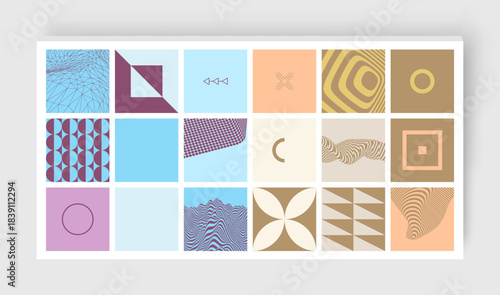 A collage of many squares. Various geometric patterns. Art composition. Cover design template. Illustration for brochure, poster, cover, card, presentation, flyer or banner.
