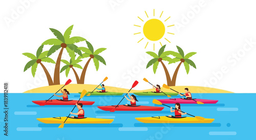 Kayakers paddling through the water under the bright sun and palm trees.