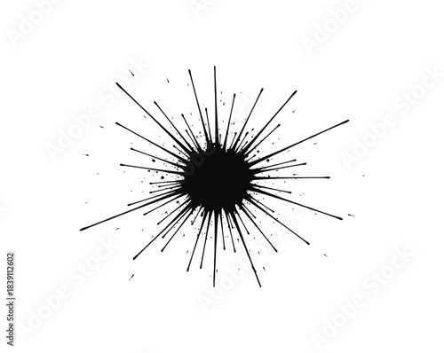 Black ink splash explosion of a dandelion flower on glass in a macro design illustration