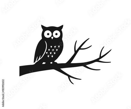 Cute cartoon vector illustration of a wise owl sitting on a branch at night