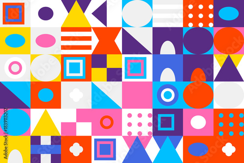 Geometric pattern with colorful shapes and squares, circles, triangles, ovals