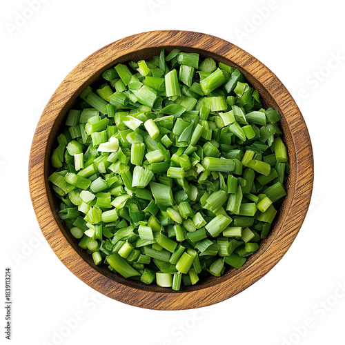 Freshly chopped chives in wooden bowl isolated on transparent background