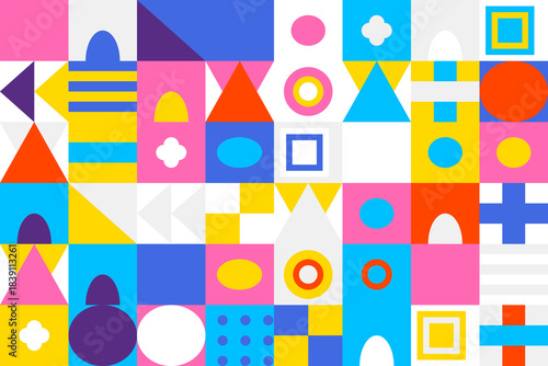 Geometric shapes with playful colors creating a whimsical abstract pattern background