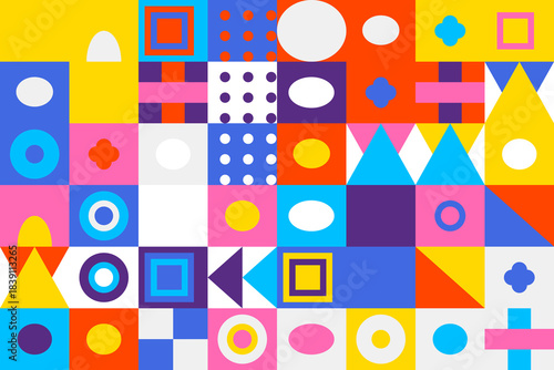 Colorful geometric abstract pattern with squares, circles, triangles, and dots
