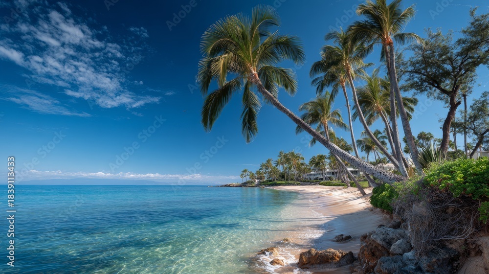 Naklejka premium Tropical scene with palm trees over white sand beach, clear turquoise water, and a bright blue sky with fluffy clouds