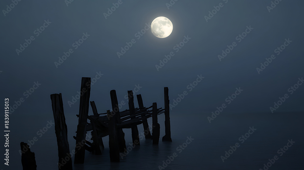 Fototapeta premium A serene, atmospheric shot of a full moon shining over weathered wooden pier pilings at night. Silhouetted timbers rise from the calm water, set against a misty, dark sky.