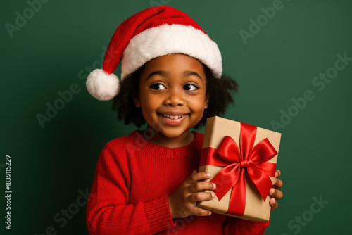 Little funny smile black child girl in Santa red hat holding Christmas gift in hand on the green background.