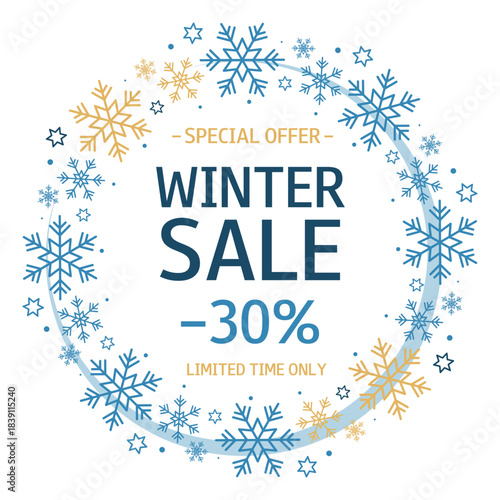Winter Sale square background with snowflake wreath, text and percent. Special Offer. Template for design, banner, flyer, poster, advertising, online store, shopwindow, promotion, sell-out.