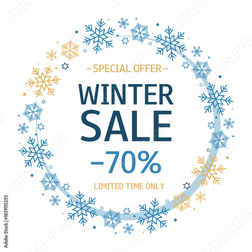 Winter Sale background with snowflake wreath, text and percent. Special Offer. Template for design, banner, flyer, poster, advertising, online store, shopwindow, promotion, sell-out.