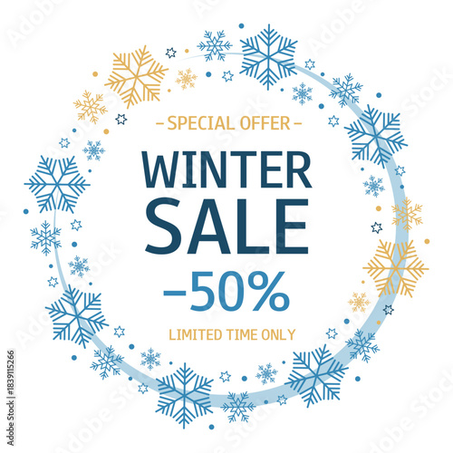 Winter Sale white background with snowflake wreath, text and percent. Special Offer. Template for design, banner, flyer, poster, advertising, online store, shopwindow, promotion, sell-out.
