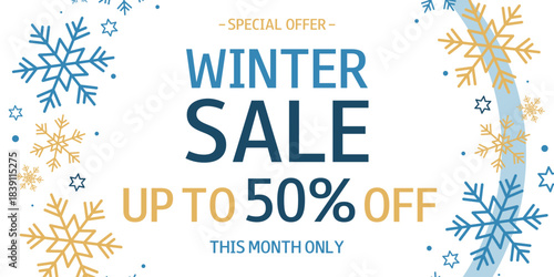 Winter Sale promotion background with snowflakes and text. Special Offer. Up to 50% off. This month only. Template for design, banner, flyer, poster.
