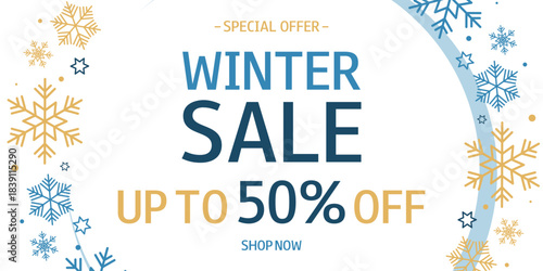 Winter Sale horizontal background with snowflakes and text. Special Offer. Shop now. Up to 50% off. Template for design, banner, flyer, poster.