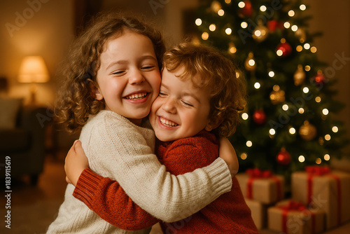 image.pngHappy smile children near a Christmas tree. A little happy girl hugs her small brother.