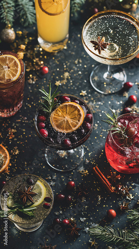  Festive Cranberry Holiday Cocktails Flat Lay with Citrus, Rosemary and Spices on Dark Stone Background