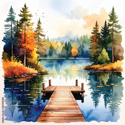 forest lake with wooden dock vector illustration in watercolor style